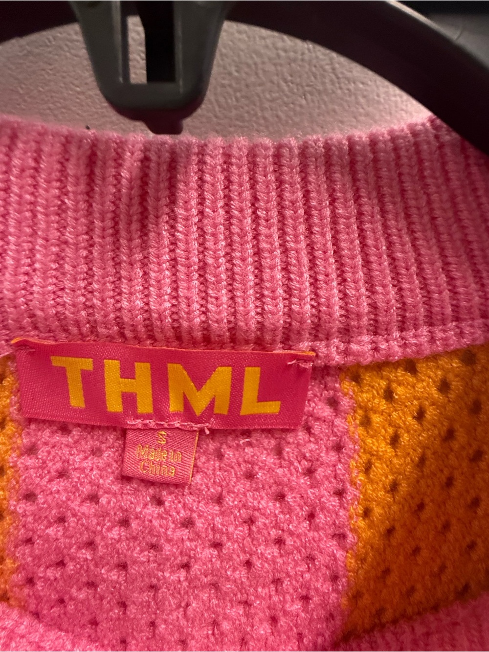 THML ZhiHiMeRi orange colorblock eyelet knit sweater crochet size small NWOT - Picture 6 of 8
